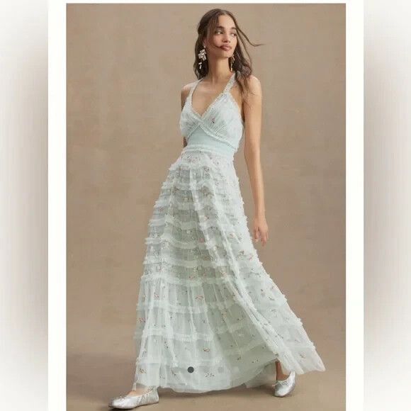 NWT $798 Mac‎ Duggal 8037 Halter Neckline Ruffle Floral Gown Blue NWT - Picture 5 of 10